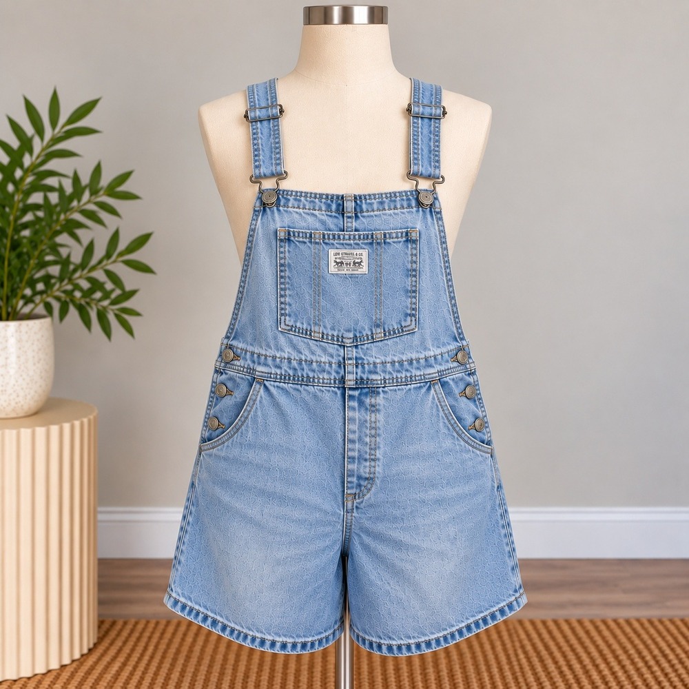 Levi Shortalls Light Wash Monogram Denim Bib Overalls Workwear Sz Large